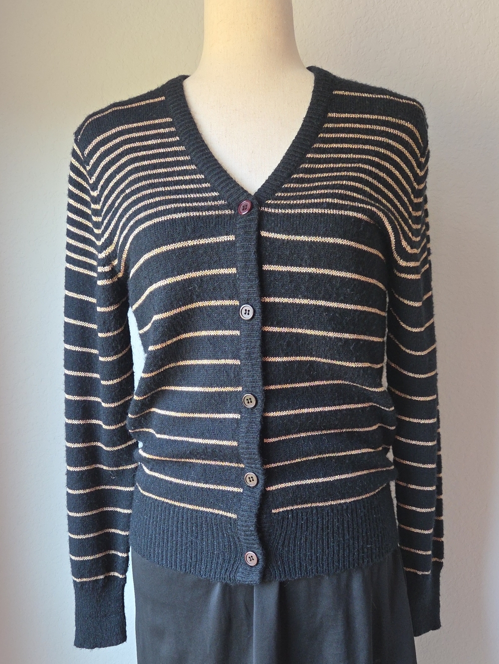 Vintage 90s Cardigan Striped V-Neck Button Sweater Black & Gold Montgomery Ward